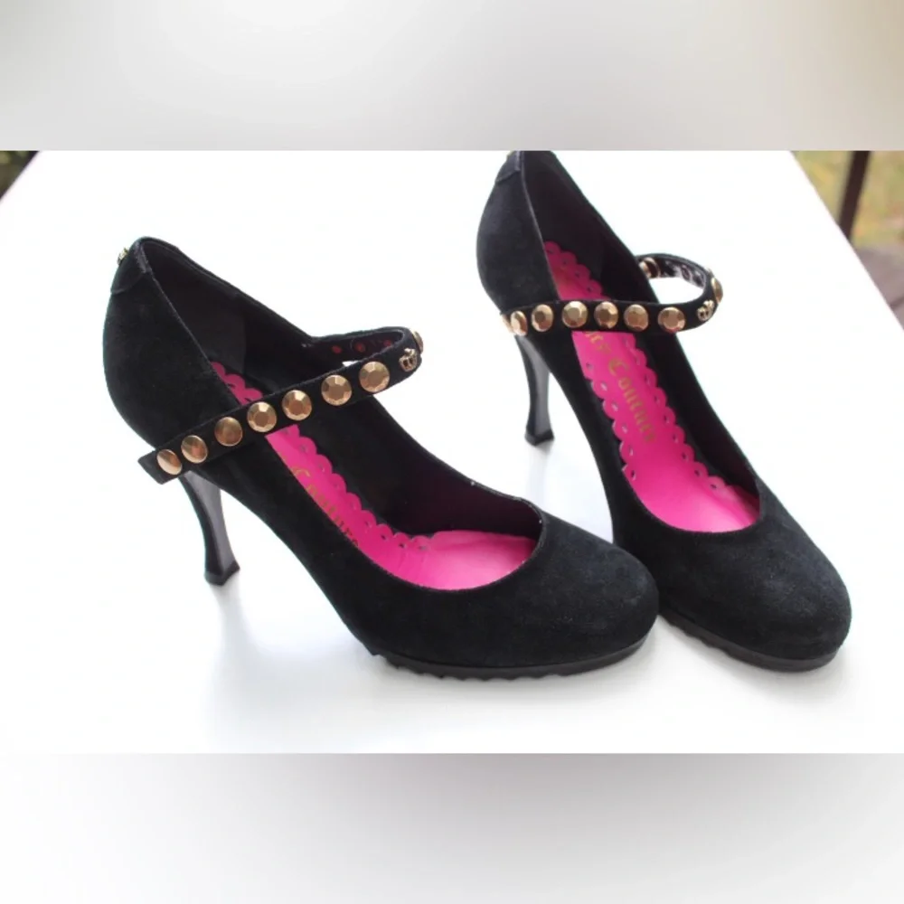 Juicy Couture Black Suede Mary Jane Heels with Gold Studs and Pink Lining
